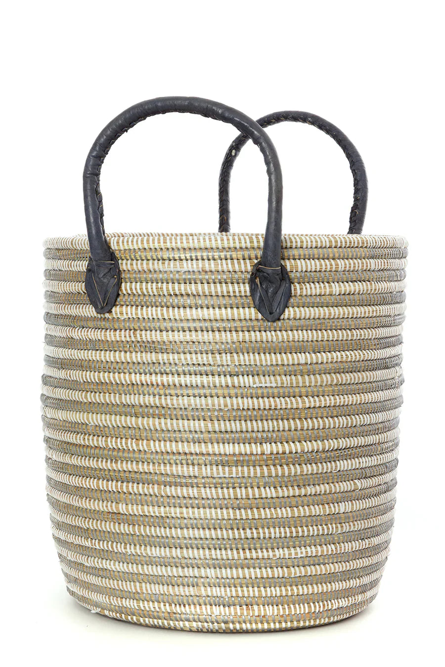 Silver Mixed Stripe Basket With Leather Handles