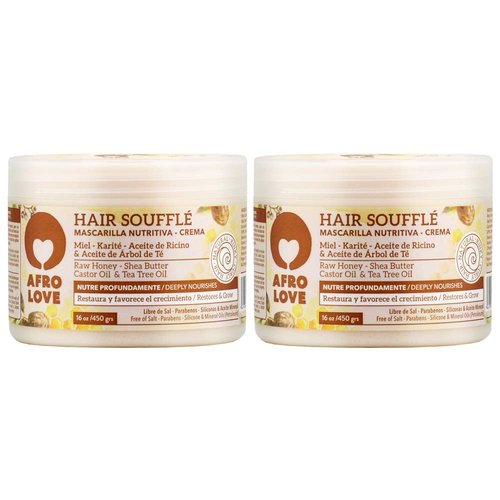 Afro Love Hair Soufflé (16oz, Pack of 2), Deeply Nourishing & Restorative Cream for Curly, Kinky & Coily Hair, Rich in Raw Honey, Shea Butter, Castor Oil & Tea Tree Oil – Sulfate-Free & Paraben-Free