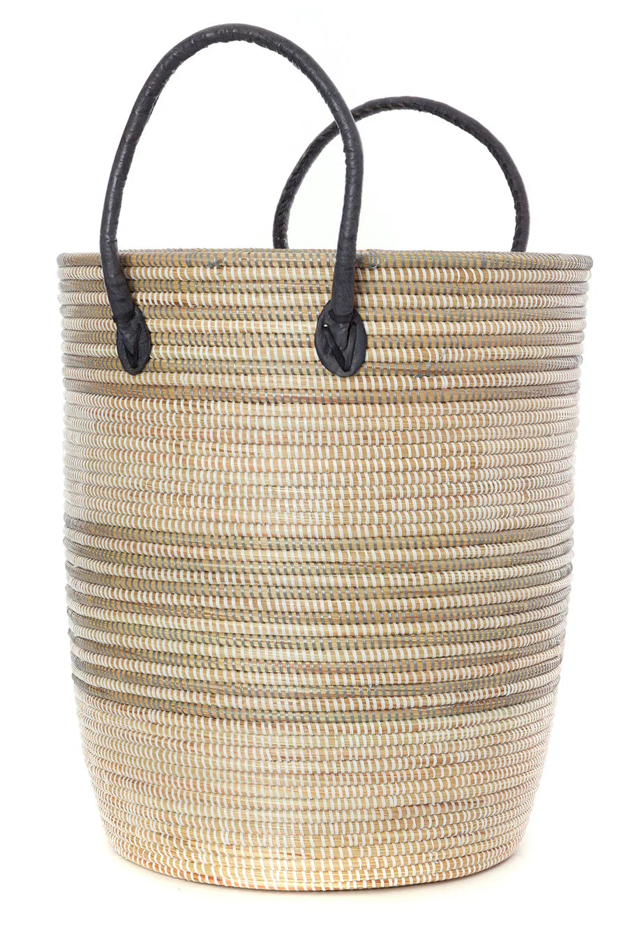 Silver Mixed Stripe Basket With Leather Handles