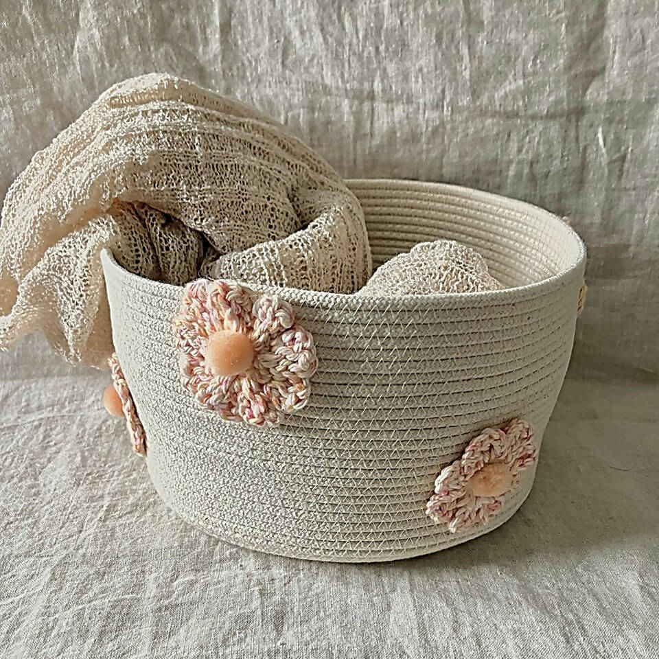Rope Basket with Two Tone Pink Crochet Flowers